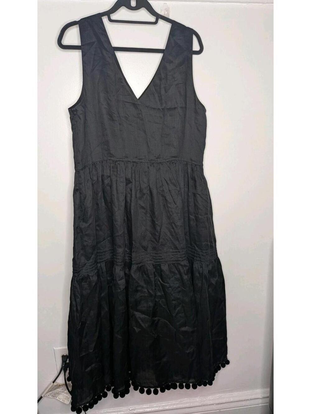 Lafayette 148 New York Dress Womens 12 Black V Neck Pom Pom Hem Midi Sundress - Picture 6 of 10
